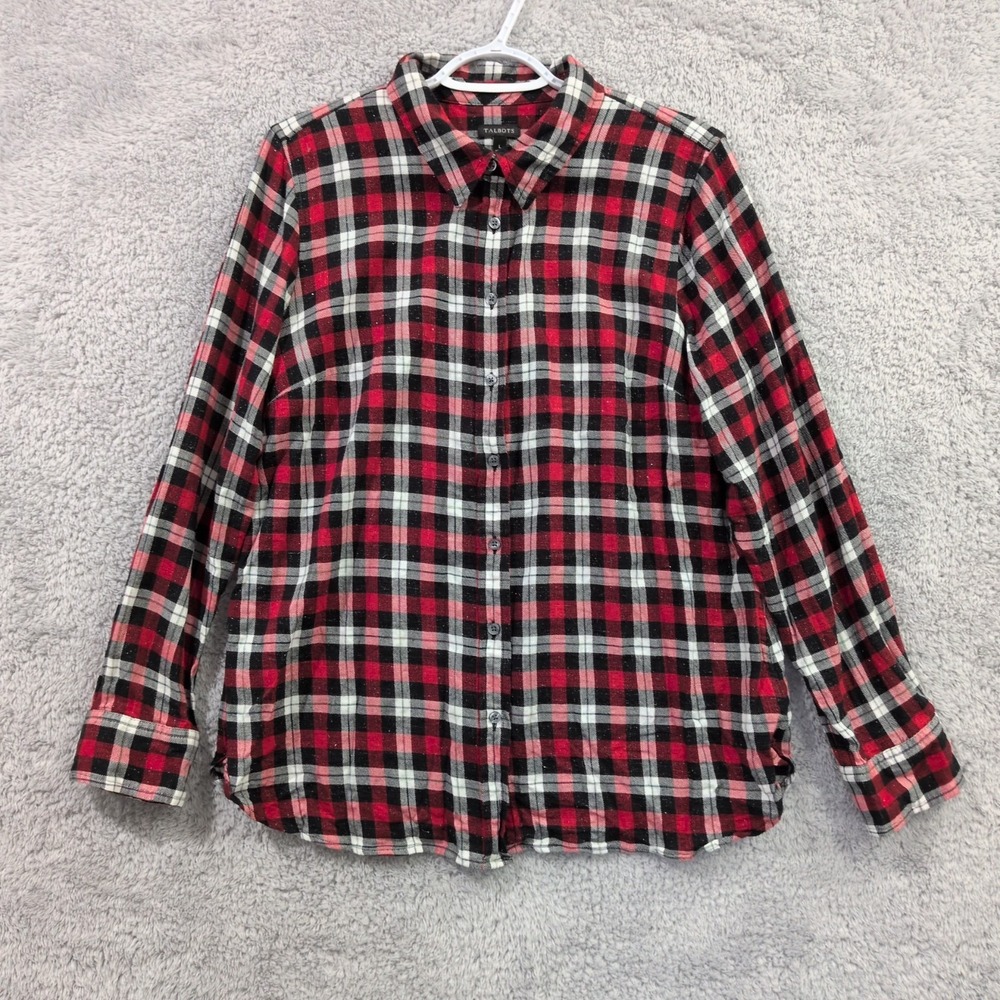 Talbots Button Up Shirt Women's Large Red Plaid Metallic Sparkle Holiday Blouse